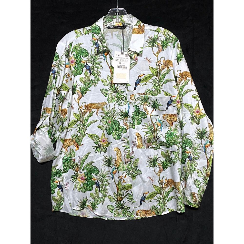 Zara Jungle Button Shirt Women XS Roll Tab Tropical Safari Leopard Boho Vacation